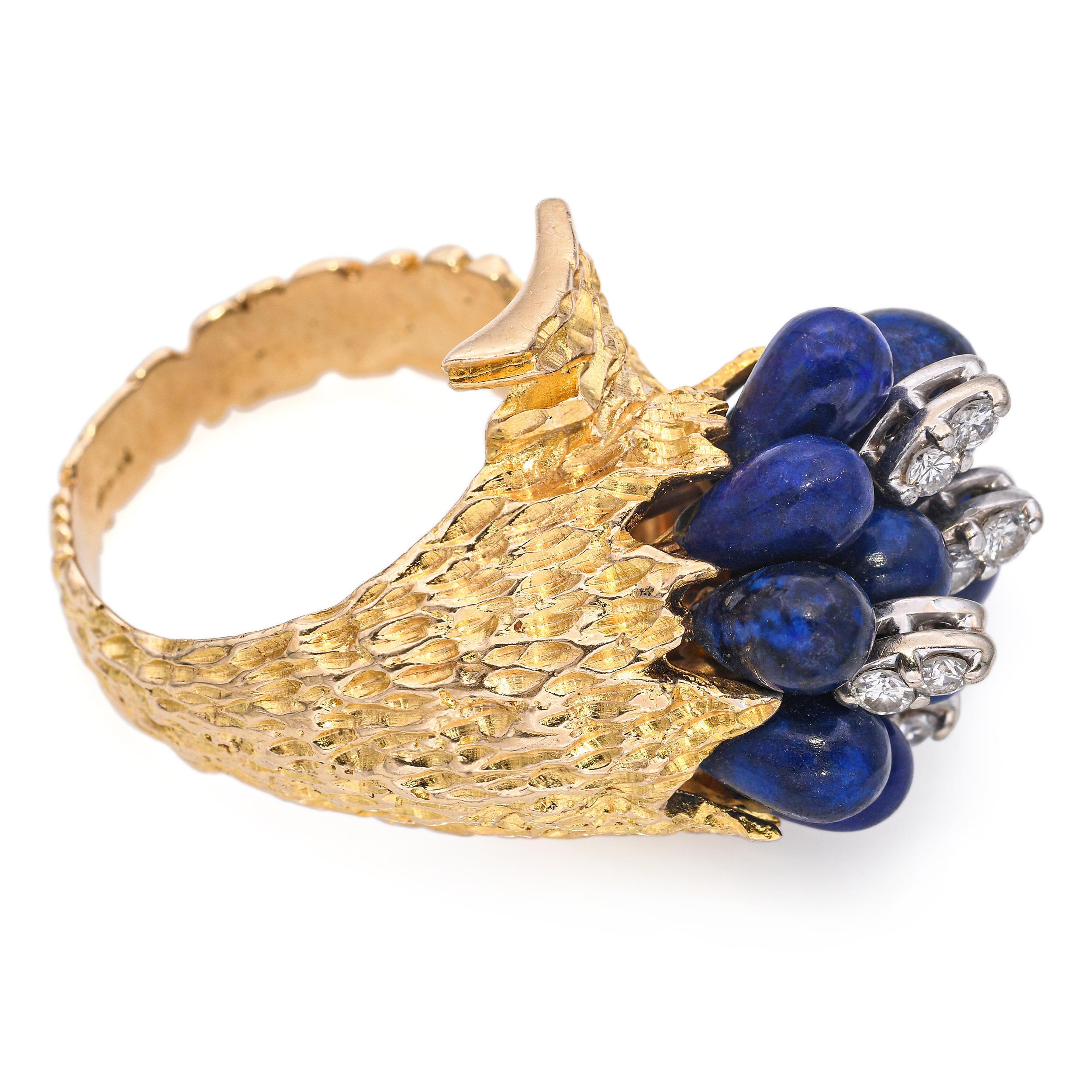 Vintage 14k Gelbgold Lapis und Diamant Bouquet Ring im Angebot 2