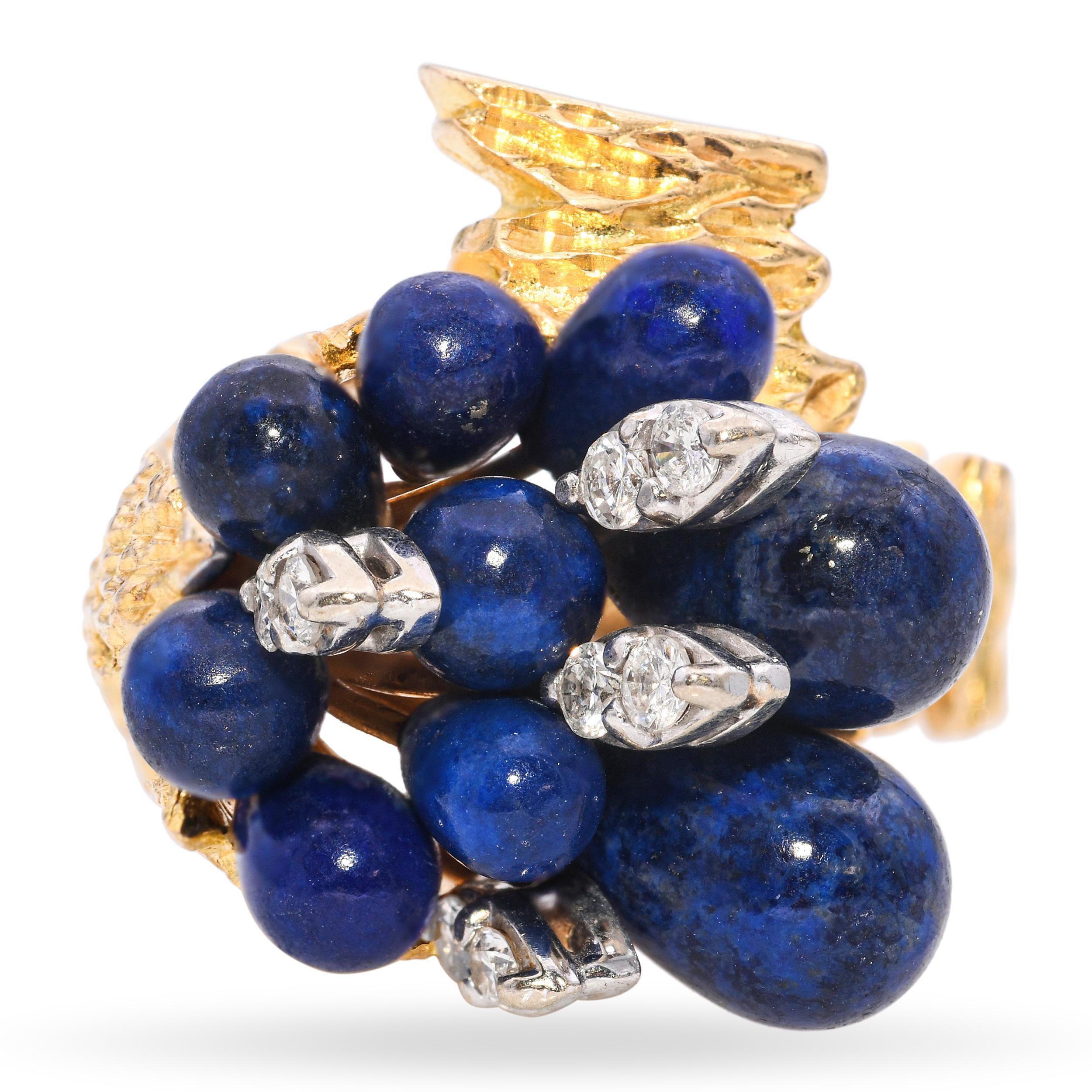 Vintage 14k Gelbgold Lapis und Diamant Bouquet Ring im Angebot