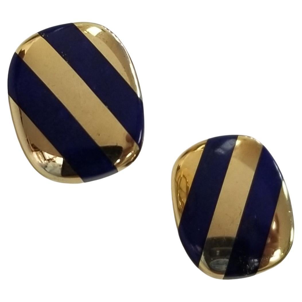 VINTAGE 14K Yellow gold In-laid LAPIS BLUE OVAL EARRINGS For Sale