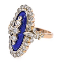 Vintage 14k Yellow Gold Lapis Lazuli and 1.35ctw Diamond Navette Ring