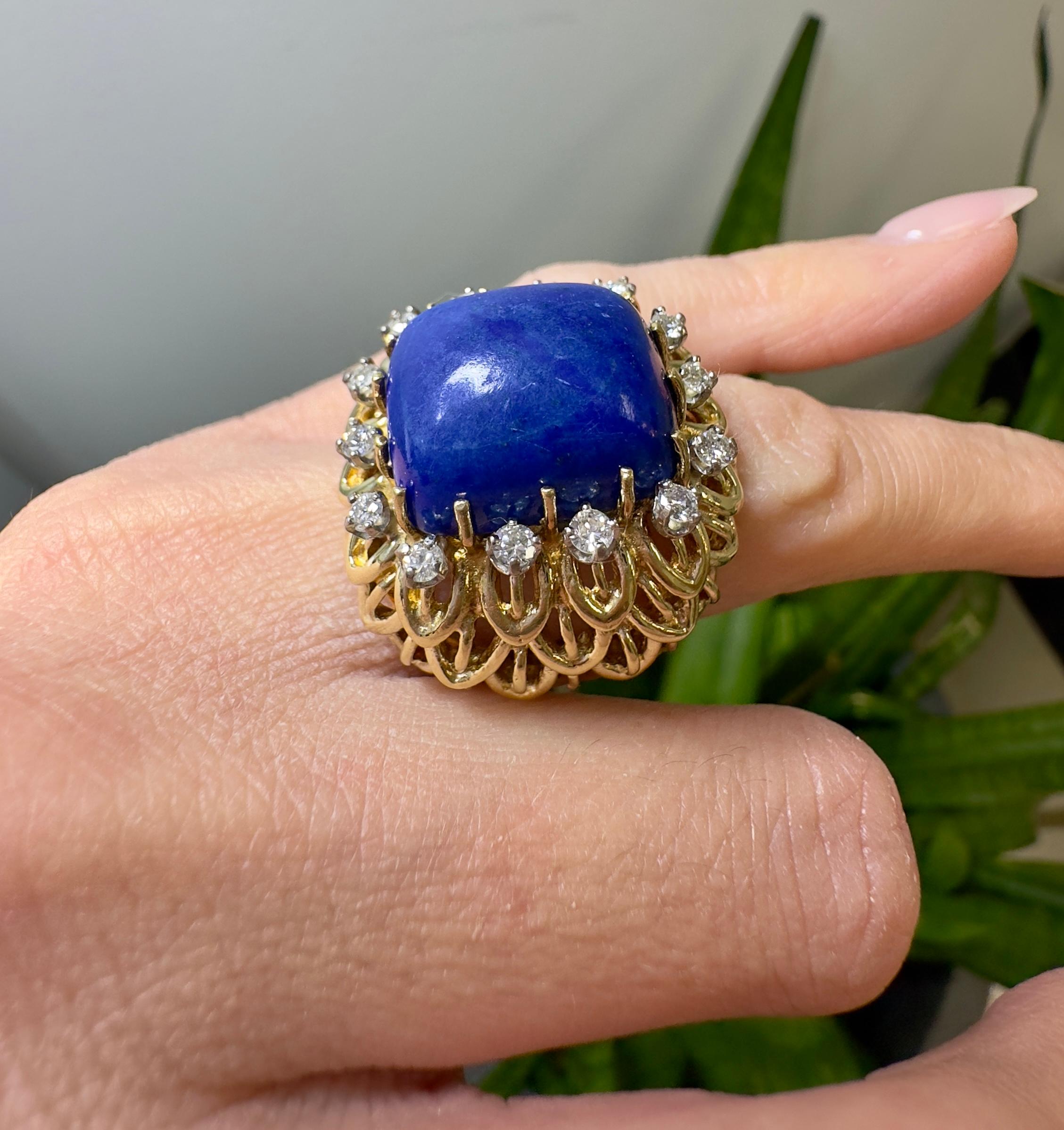 Vintage 14k Yellow Gold Lapis Lazuli and Diamond Ring For Sale 1