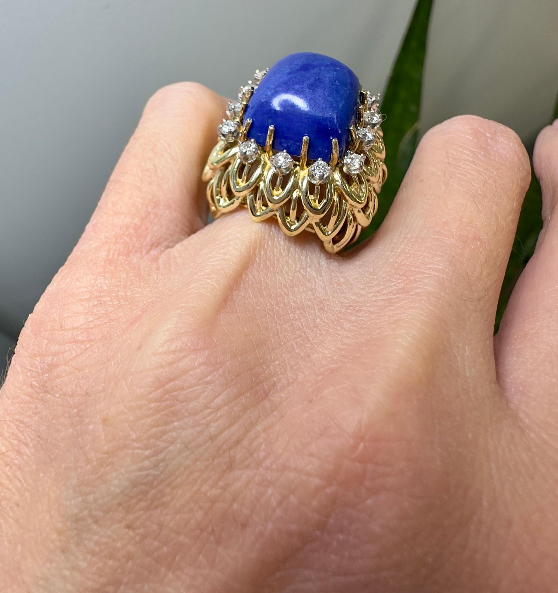 Vintage 14k Yellow Gold Lapis Lazuli and Diamond Ring For Sale 2