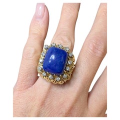 Bague vintage en or jaune 14 carats, lapis-lazuli et diamants