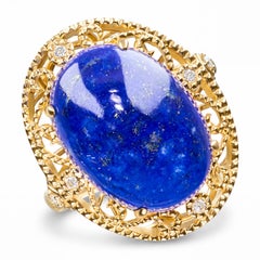Vintage 14k Yellow Gold Lapis Lazuli Cabochon and Diamond Ornamental Ring