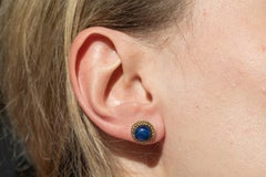 Vintage 14k Yellow Gold Lapis Lazuli Cabochon Earrings, Europe, 1970s