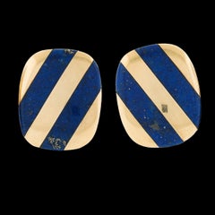 Vintage 14k Yellow Gold Lapis Lazuli Elongated Cushion Button Omega Earrings