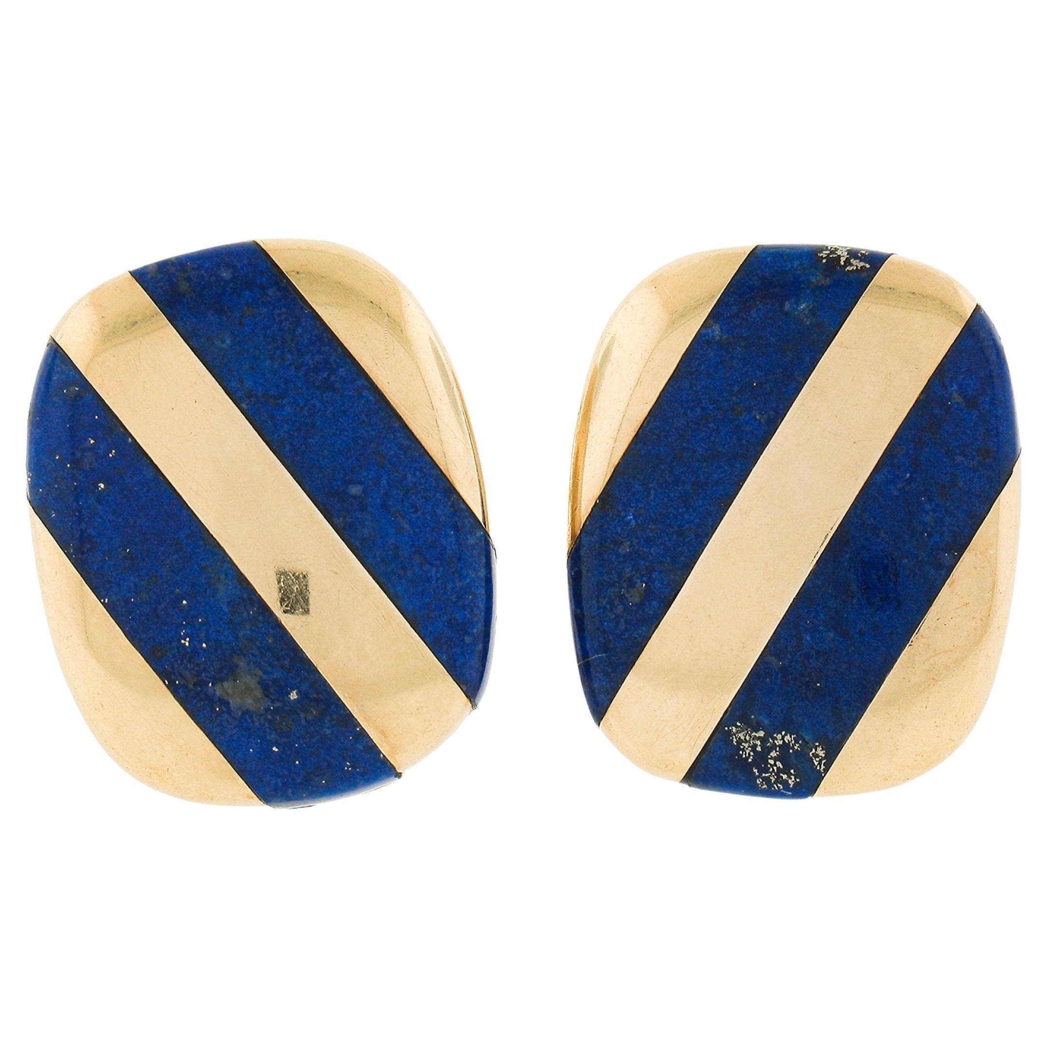 Vintage 14k Yellow Gold Lapis Lazuli Elongated Cushion Button Omega Earrings For Sale