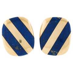 Vintage 14k Yellow Gold Lapis Lazuli Elongated Cushion Button Omega Earrings