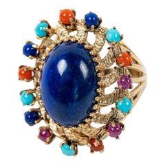 Vintage 14k Yellow Gold Lapis Oval Cabochon Multi-Color Stone Halo Cocktail Ring