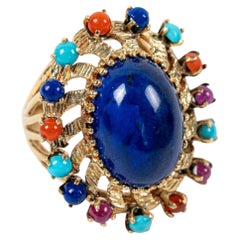 Vintage 14k Yellow Gold Lapis Oval Cabochon Multi-Color Stone Halo Cocktail Ring