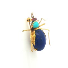 Vintage 14k Yellow Gold Lapis Turquoise & Pink Stones Bumble Bee Fly Pin Brooch