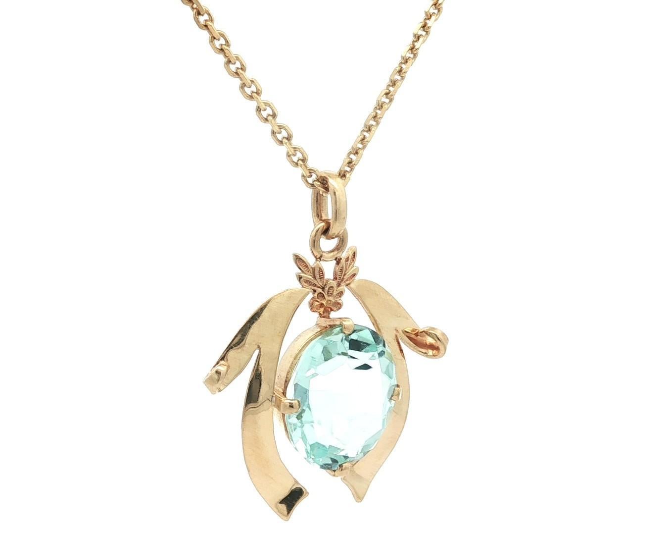 Vintage 14k Gelbgold große Aquamarin Flared Ribbon Anhänger Halskette im Zustand „Hervorragend“ im Angebot in Montclair, NJ
