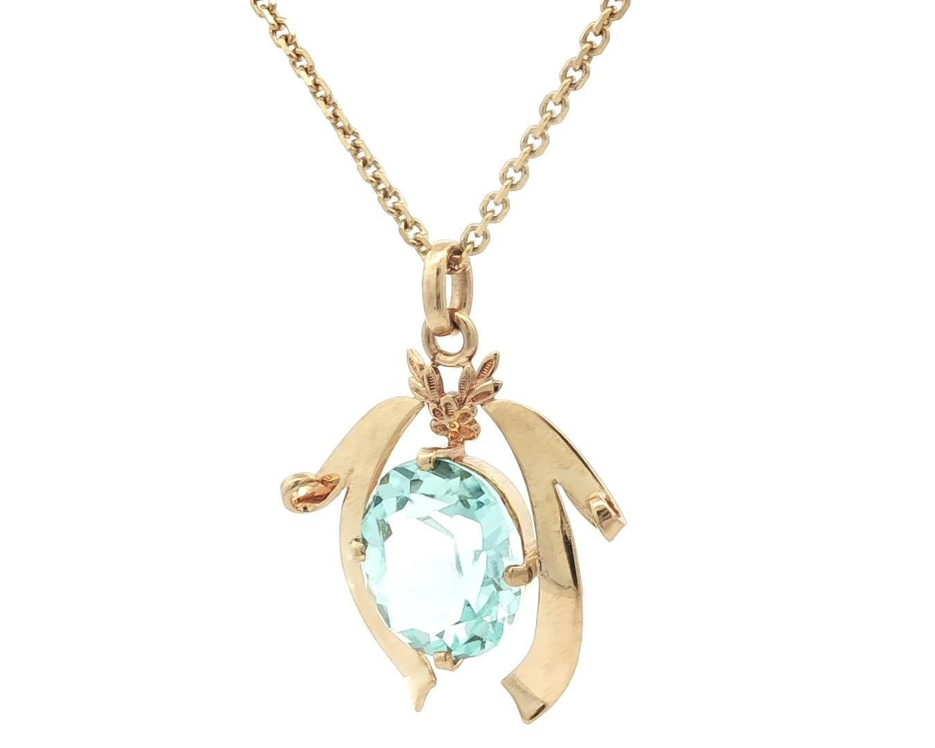 Vintage 14k Gelbgold große Aquamarin Flared Ribbon Anhänger Halskette Damen im Angebot