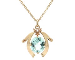 Vintage 14k Yellow Gold Large Aquamarine Flared Ribbon Pendant Necklace