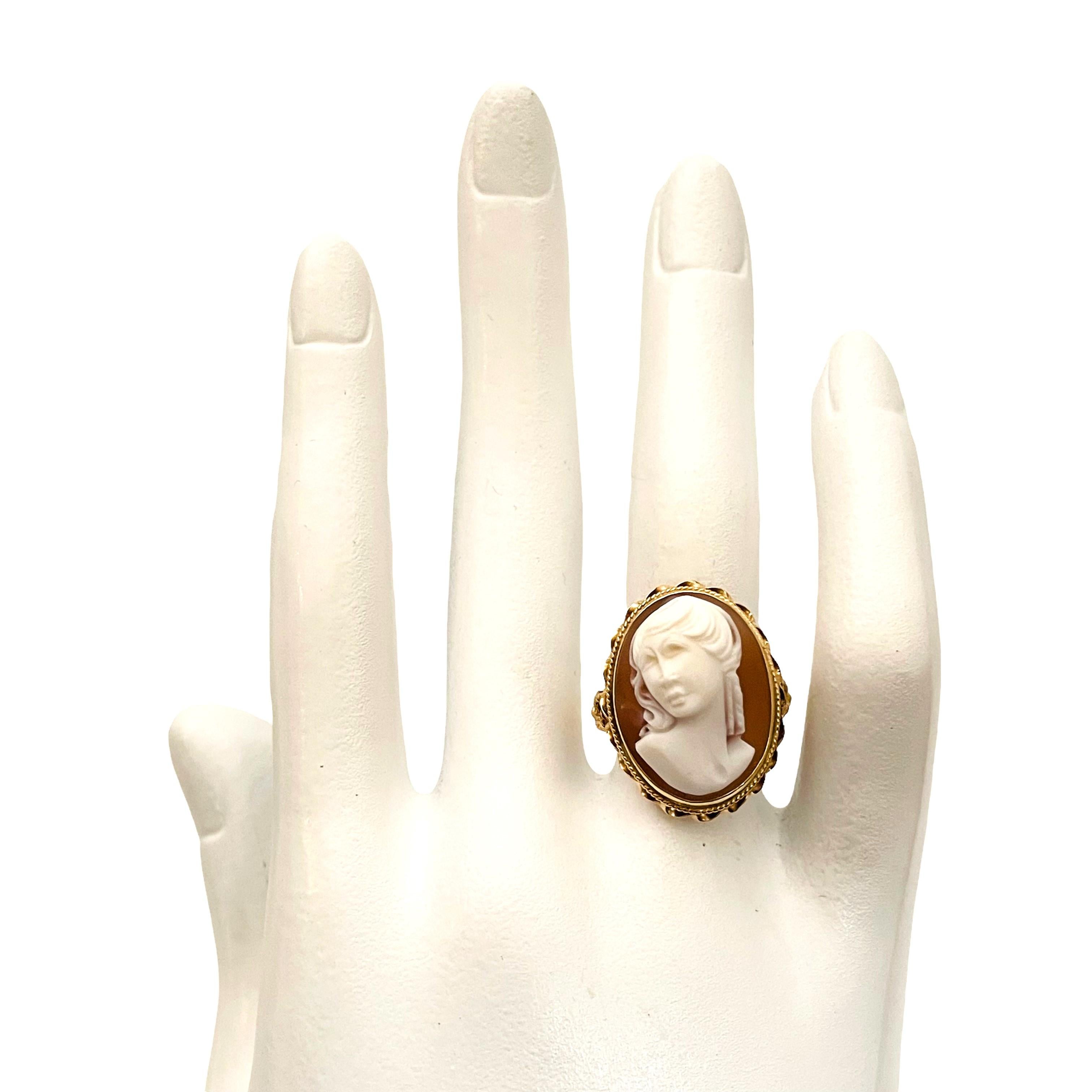 This is a very unusual Cameo ring.  The cameo is large and although it is raised it is not flat like other cameo's.  It's shaped very nicely.   A real treasure!  The Appraisal is the secondary retail market, not insurance purposes which would be
