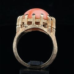 Vintage 14k Yellow Gold Large Carved Coral Cabochon Handmade Cocktail Ring