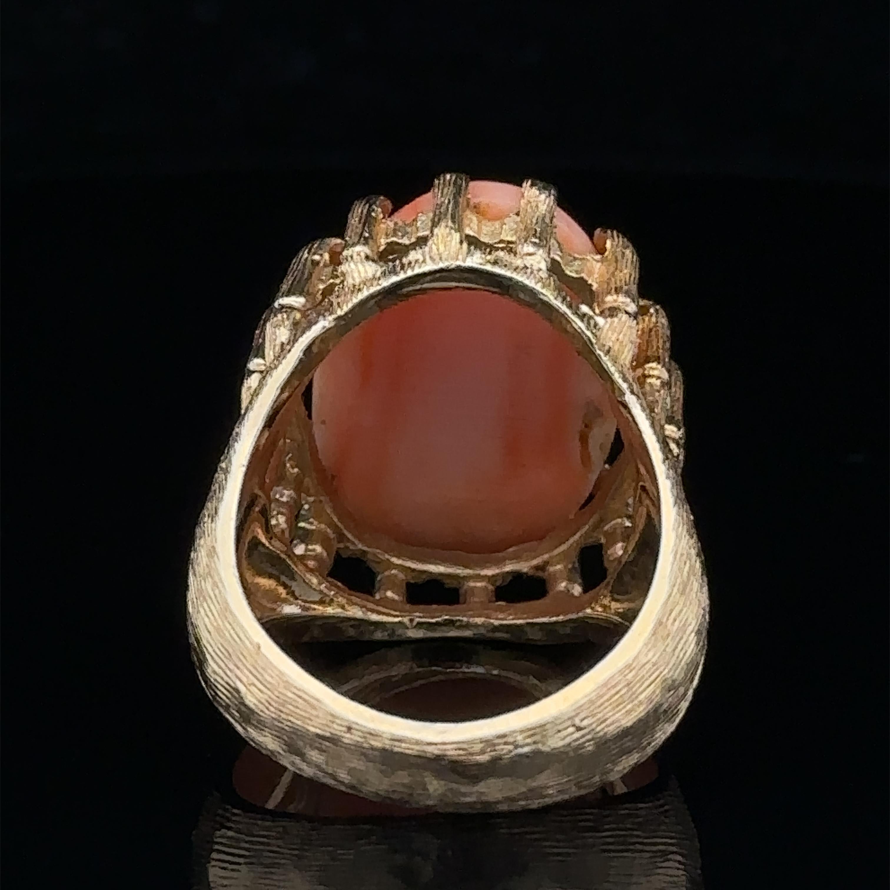 Vintage 14k Yellow Gold Large Carved Coral Cabochon Handmade Cocktail Ring In Excellent Condition For Sale In Montclair, NJ