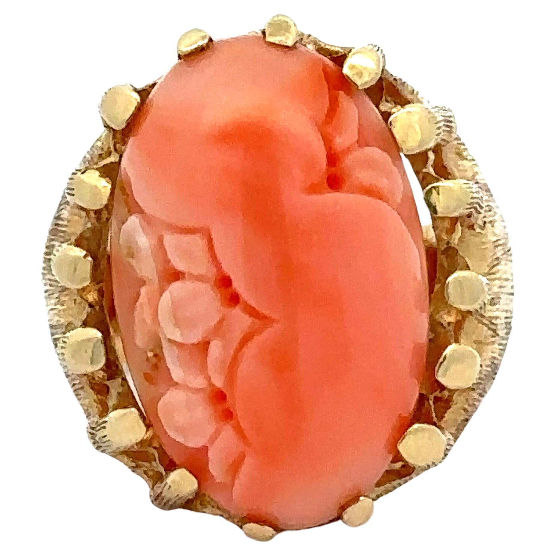 Vintage 14k Yellow Gold Large Carved Coral Cabochon Handmade Cocktail Ring For Sale