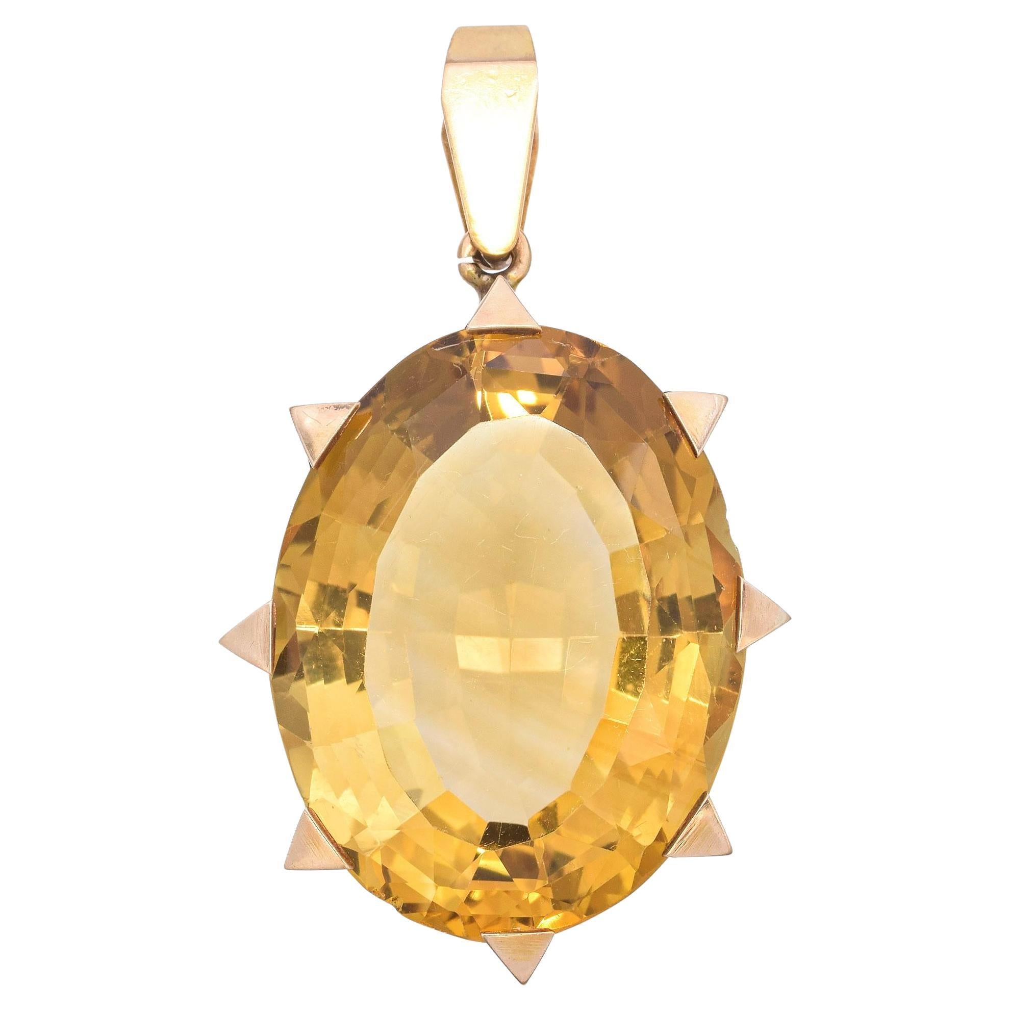 Vintage 14k Yellow Gold Large Faceted Citrine Pendant