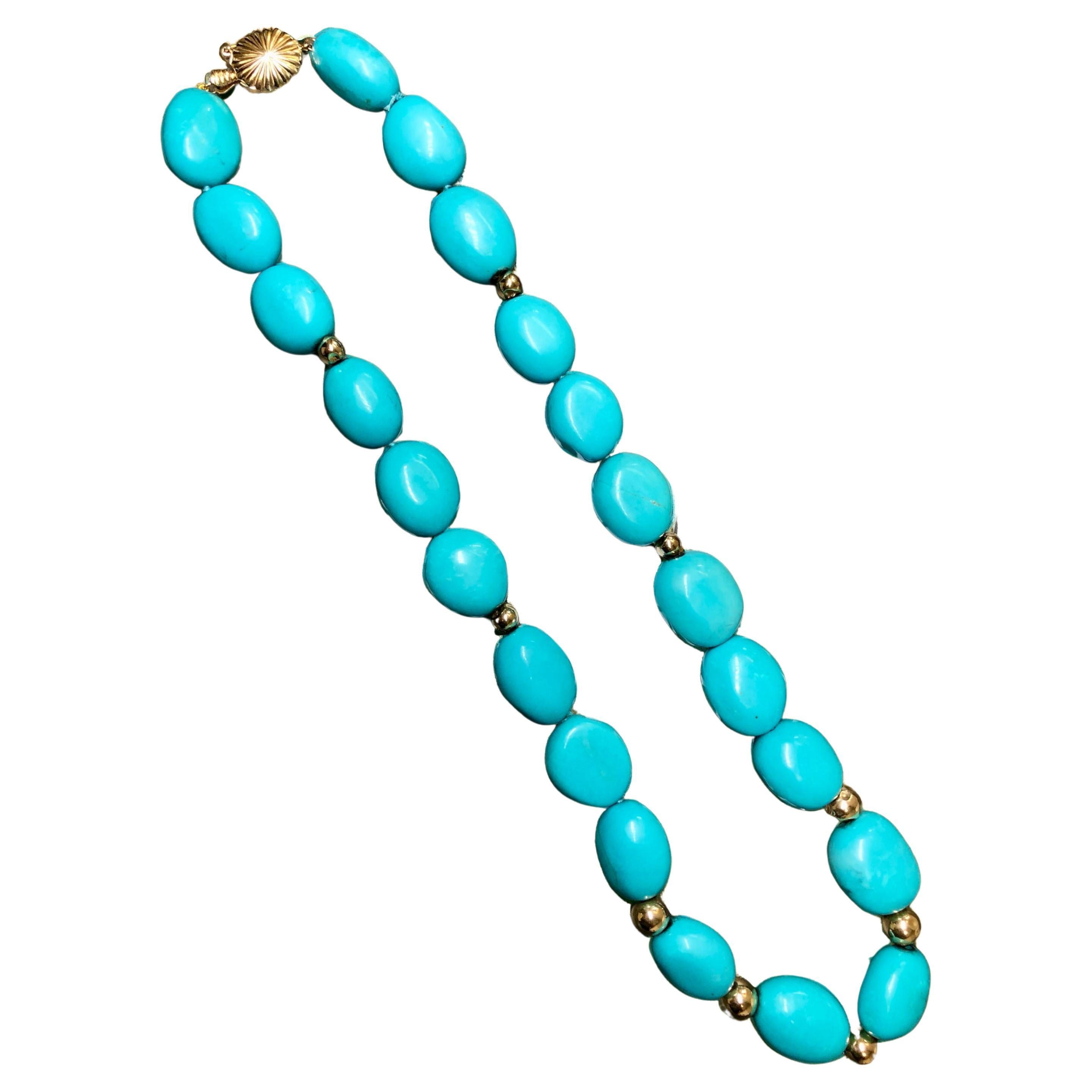 Vintage 14K Yellow Gold Large Tumbled Turquoise Pebble Bead Necklace 18” For Sale