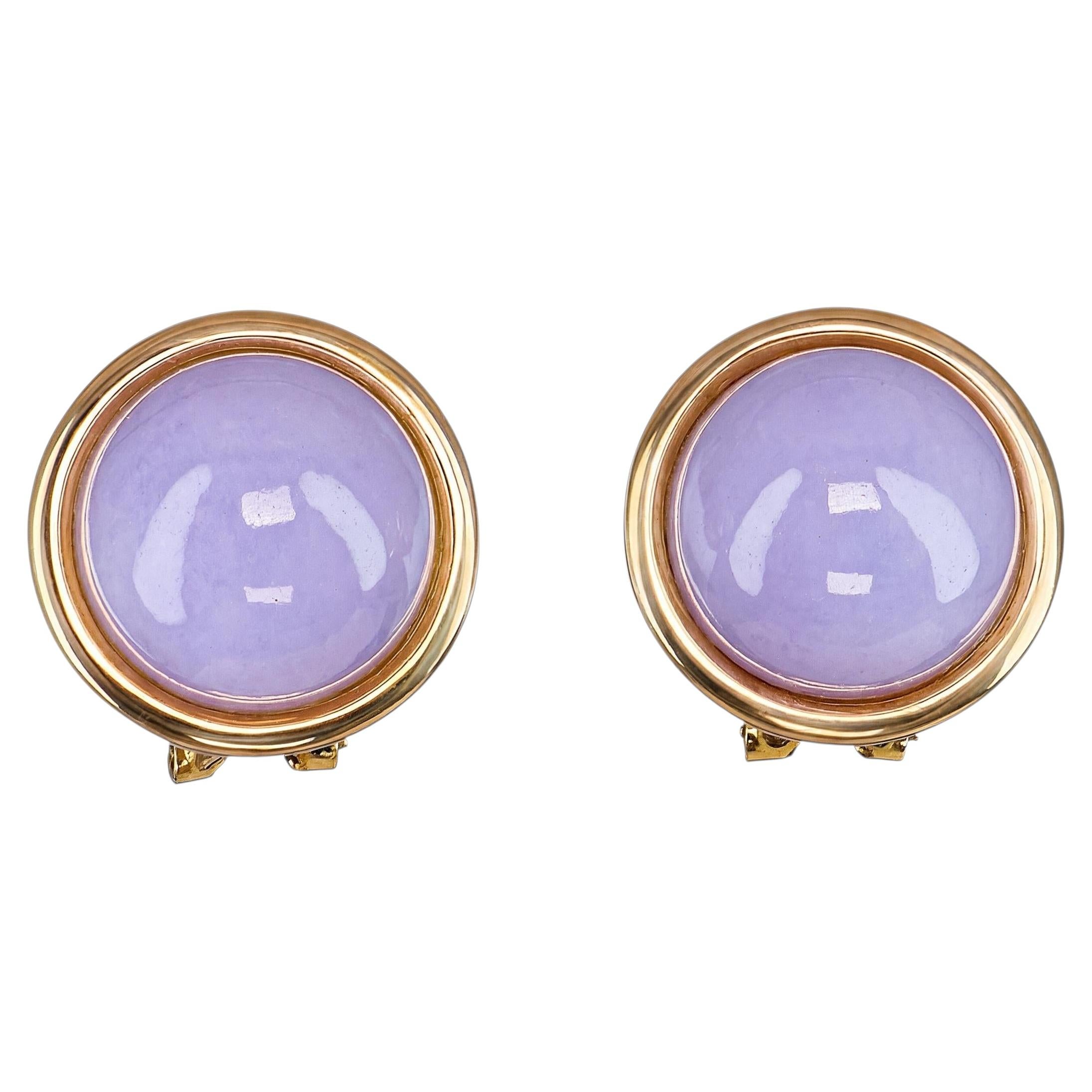 Orecchini a bottone vintage in oro giallo 14k con cabochon di giada color lavanda