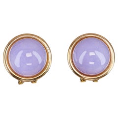 Vintage 14k Yellow Gold Lavender Jade Cabochon Stud Earrings