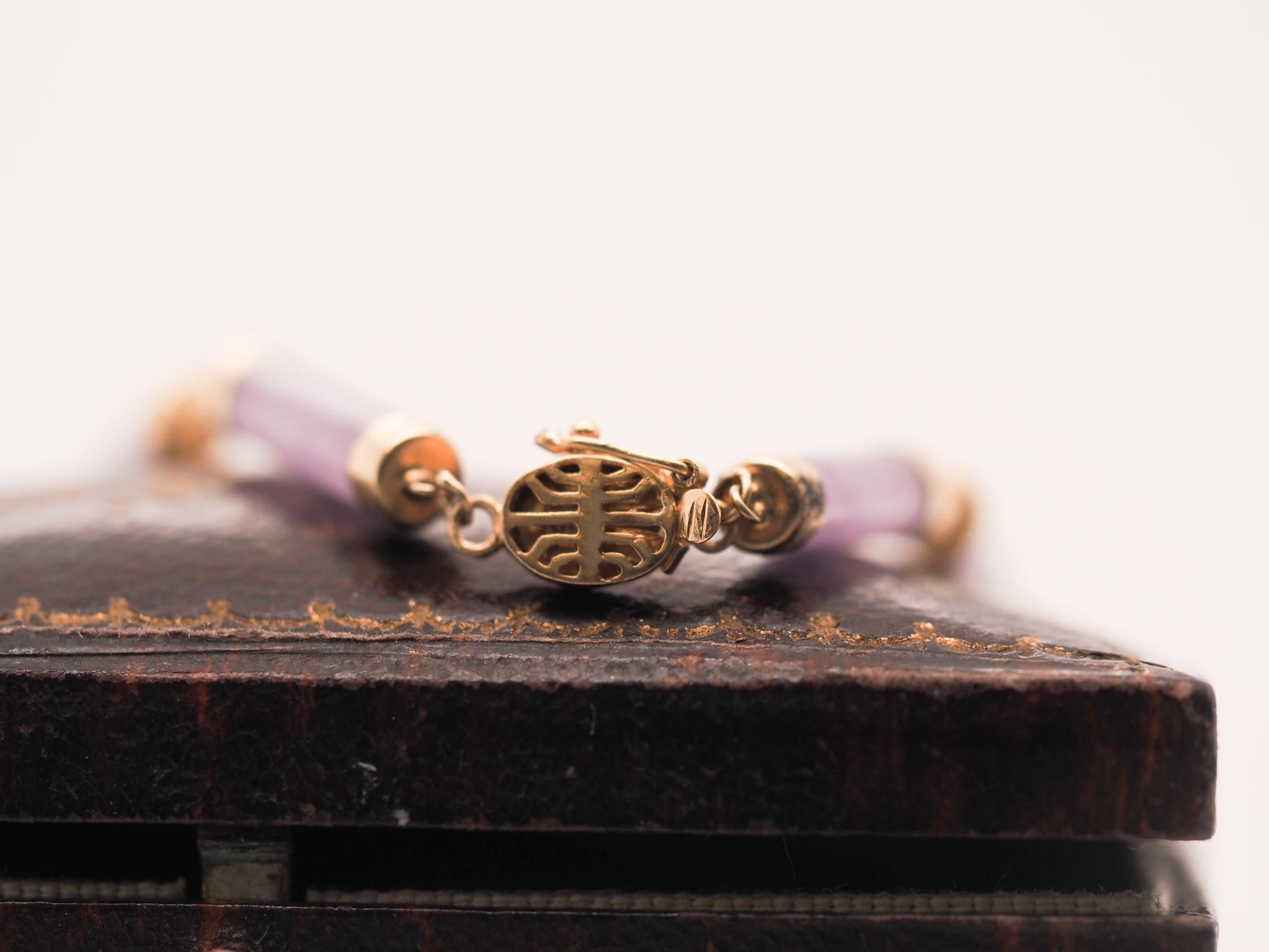 Bracelet à maillons vintage en or jaune 14 carats et jade lavande en vente 6