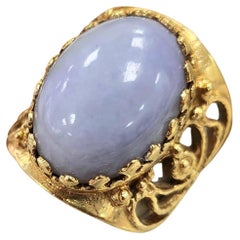 Vintage 14K Yellow Gold Lavender Jade Wide Gold Statement Ring