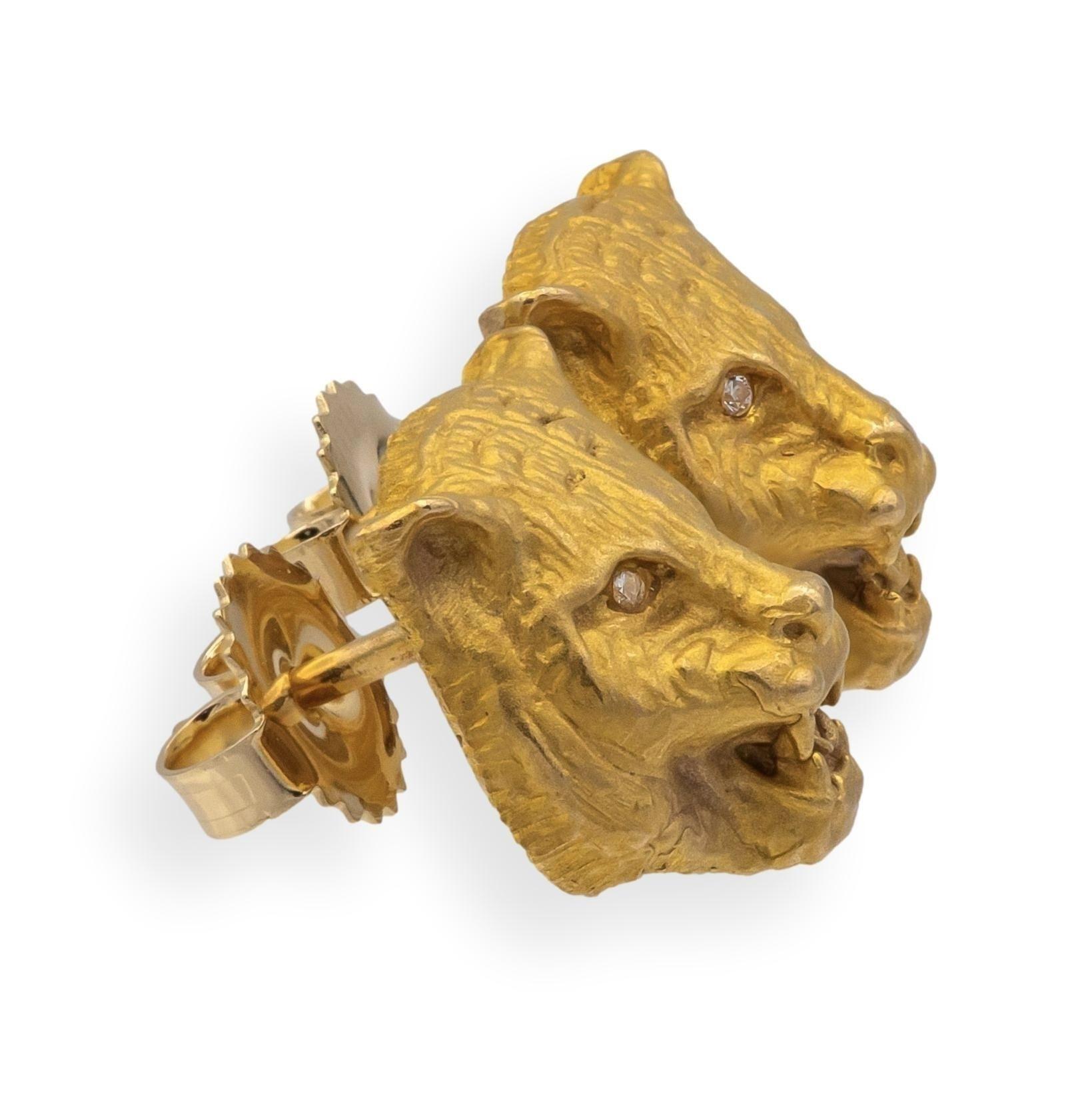 Contemporary Vintage 14K Yellow Gold Lioness Earrings Studs with Diamond eyes  3D Detail For Sale