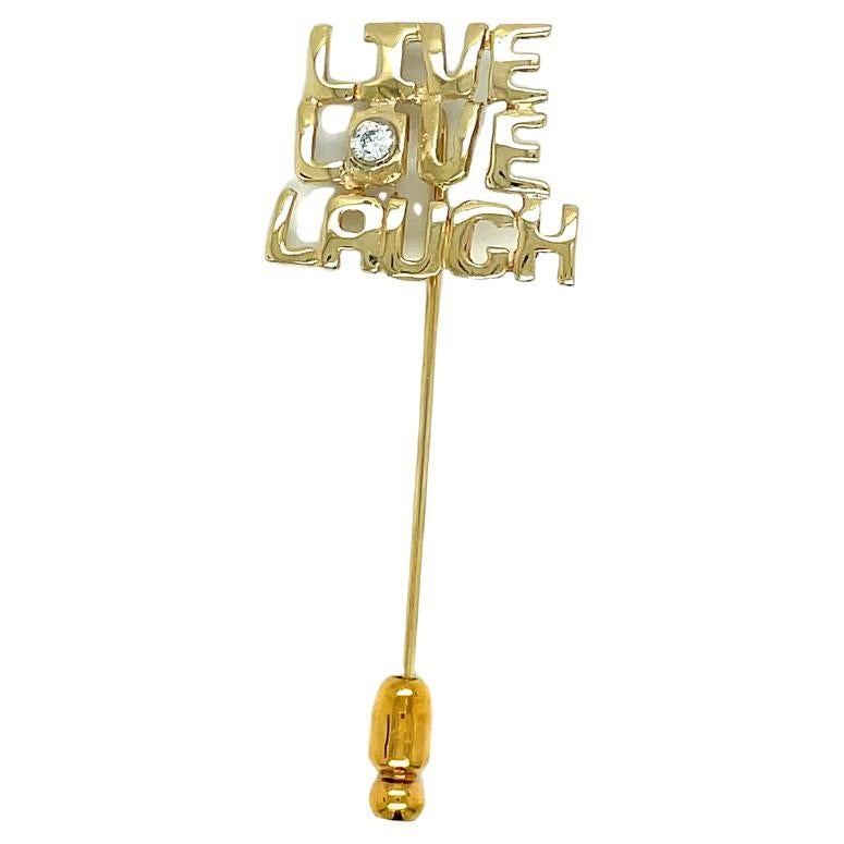 Vintage 14K Yellow Gold "LIVE, LOVE, LAUGH" Diamond Stick Pin For Sale