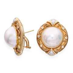 Vintage 14k Yellow Gold Mabe Pearl and Diamond Earrings