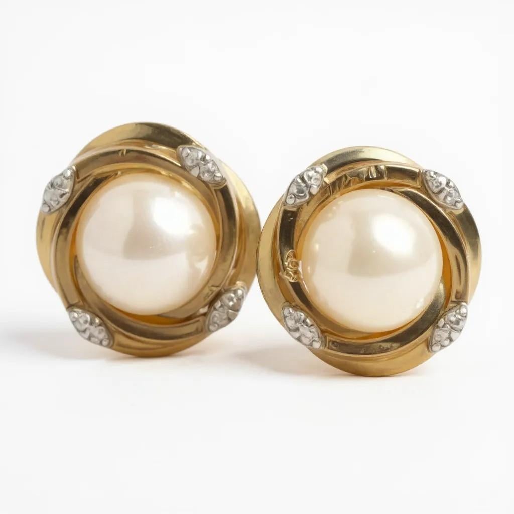 Orecchini Mabe d'epoca in oro giallo 14K con perle e diamanti In condizioni buone in vendita a New York, NY