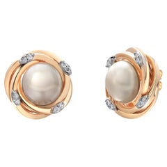 Vintage 14K Yellow Gold Mabe Pearl and Diamond Earrings