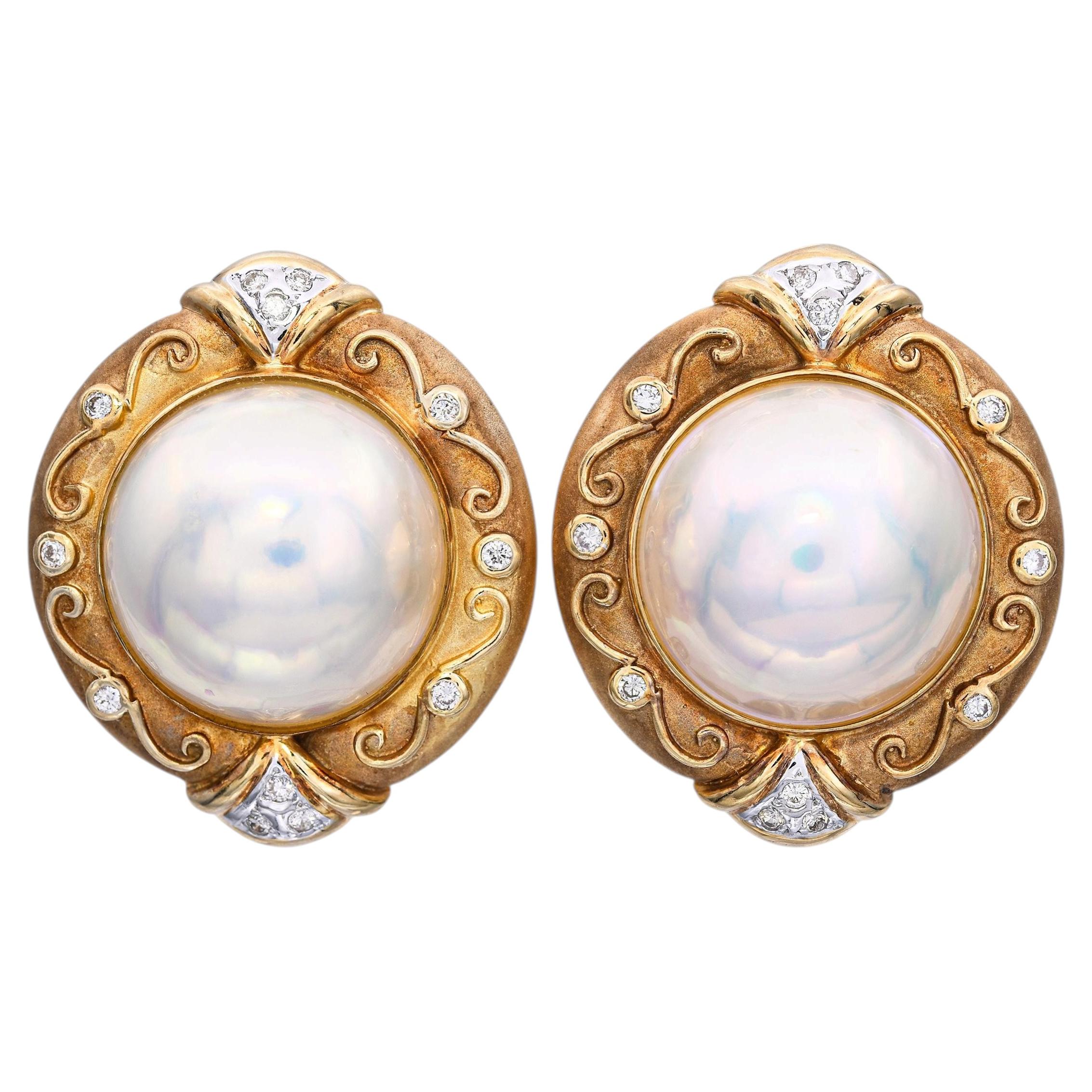 Vintage 14k Yellow Gold Mabe Pearl and Diamond Earrings