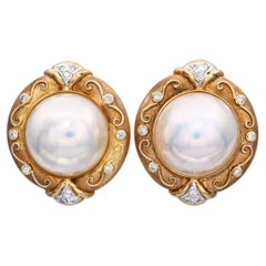 Vintage 14k Yellow Gold Mabe Pearl and Diamond Earrings
