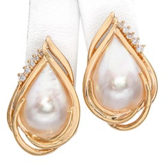 Vintage 14k Yellow Gold Mabé Pearl and Diamond Teardrop Earrings