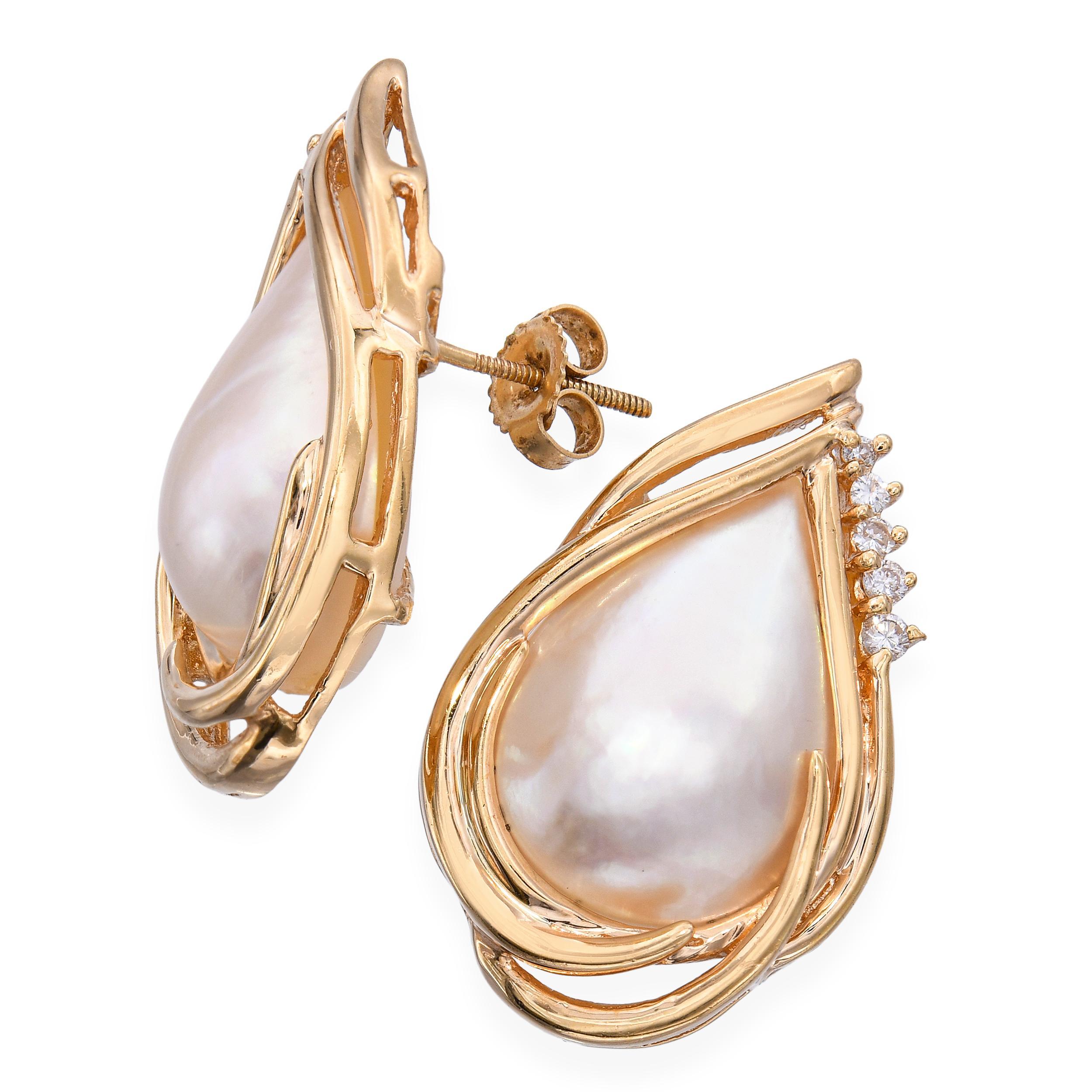 Orecchini a goccia d'epoca in oro giallo 14k con perle Mabé e diamanti In condizioni buone in vendita a New York, NY