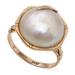 Vintage 14k Yellow Gold Mabe Pearl Bamboo Ring