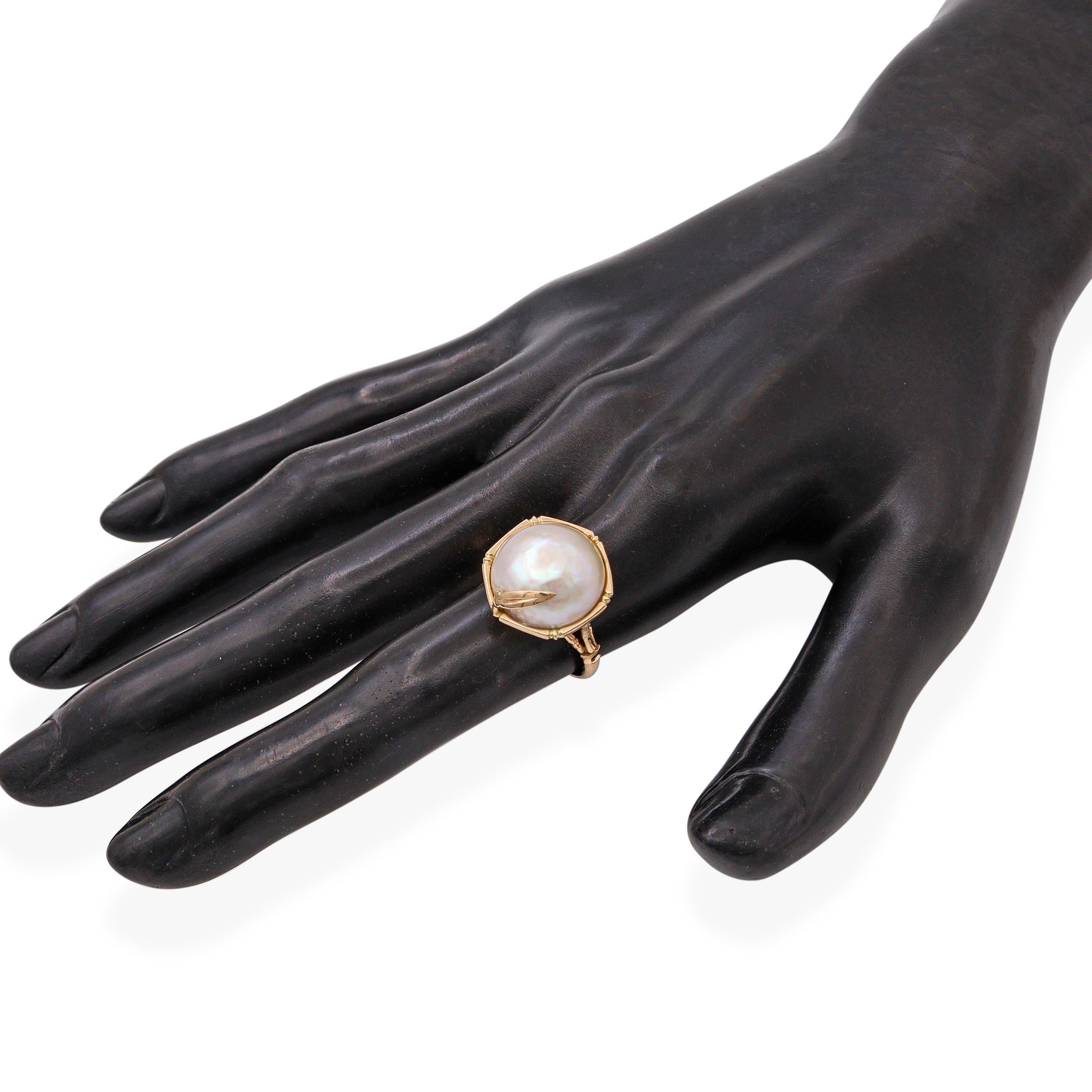 Anello di bambù con perle Mabe in oro giallo 14k vintage In condizioni buone in vendita a New York, NY