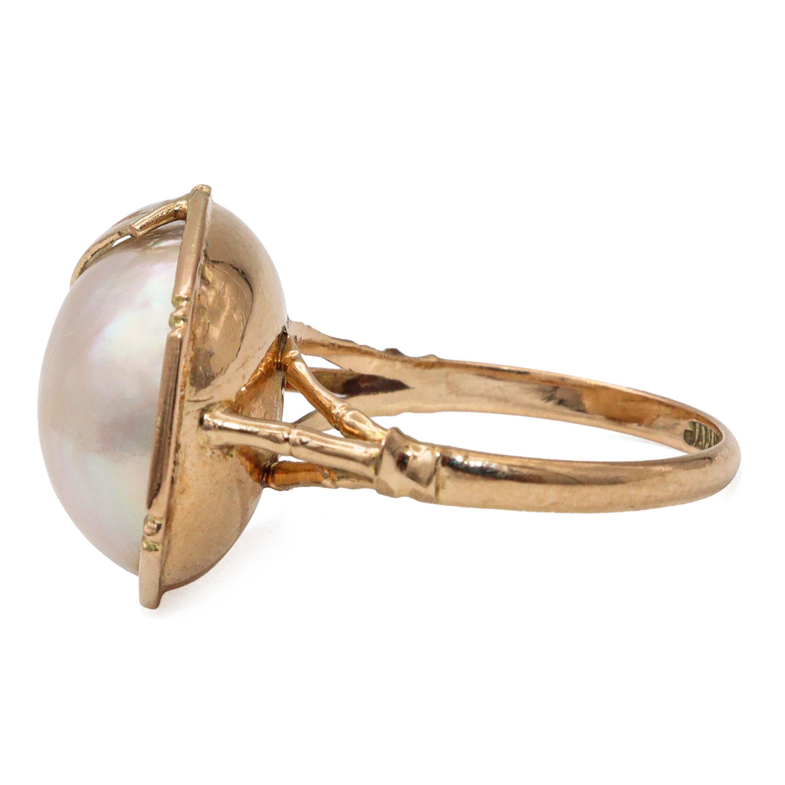 Donna Anello di bambù con perle Mabe in oro giallo 14k vintage in vendita