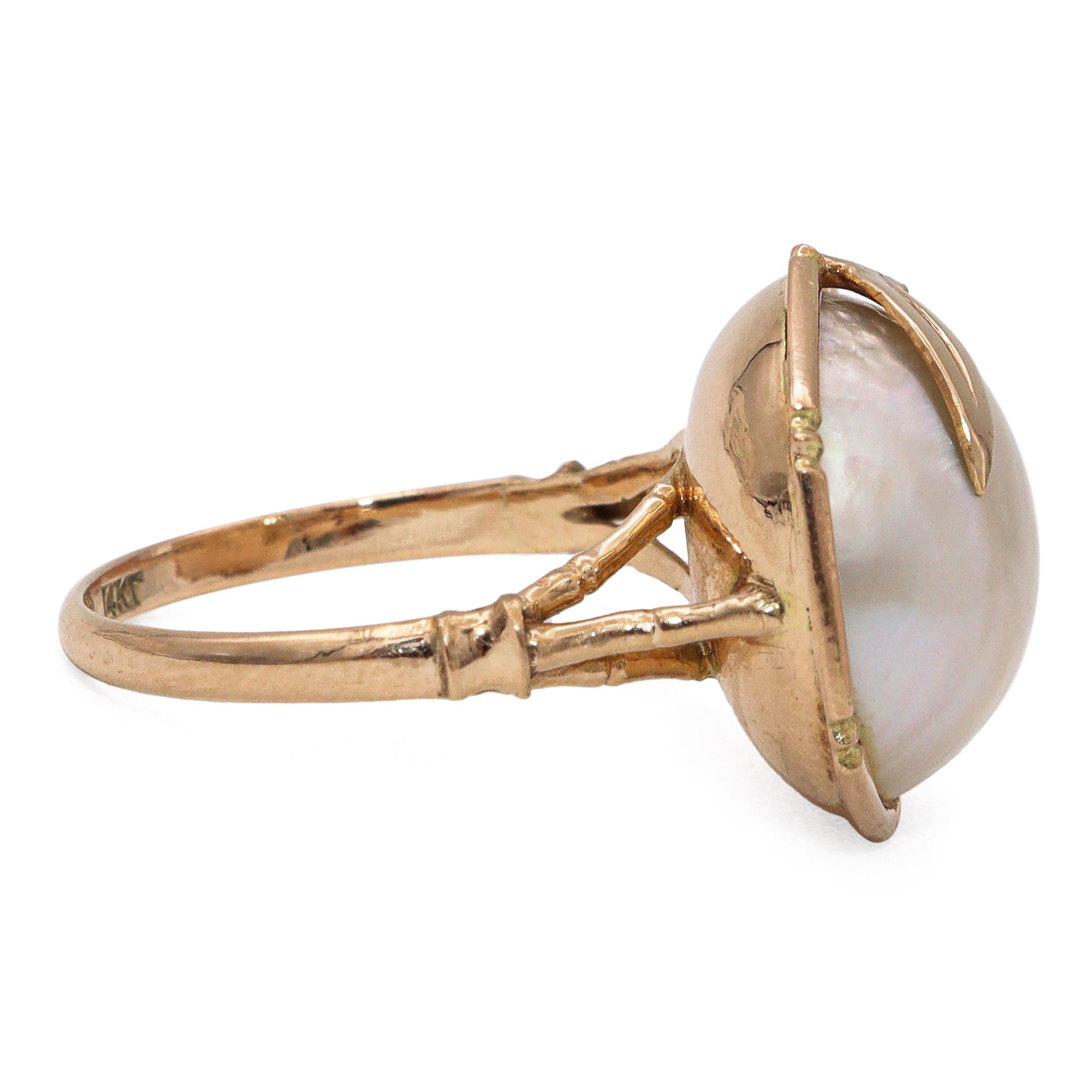 Anello di bambù con perle Mabe in oro giallo 14k vintage in vendita 2