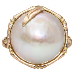 Vintage 14k Yellow Gold Mabe Pearl Bamboo Ring