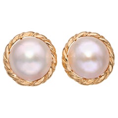 Vintage 14k Yellow Gold Mabe Pearl Braided Earrings