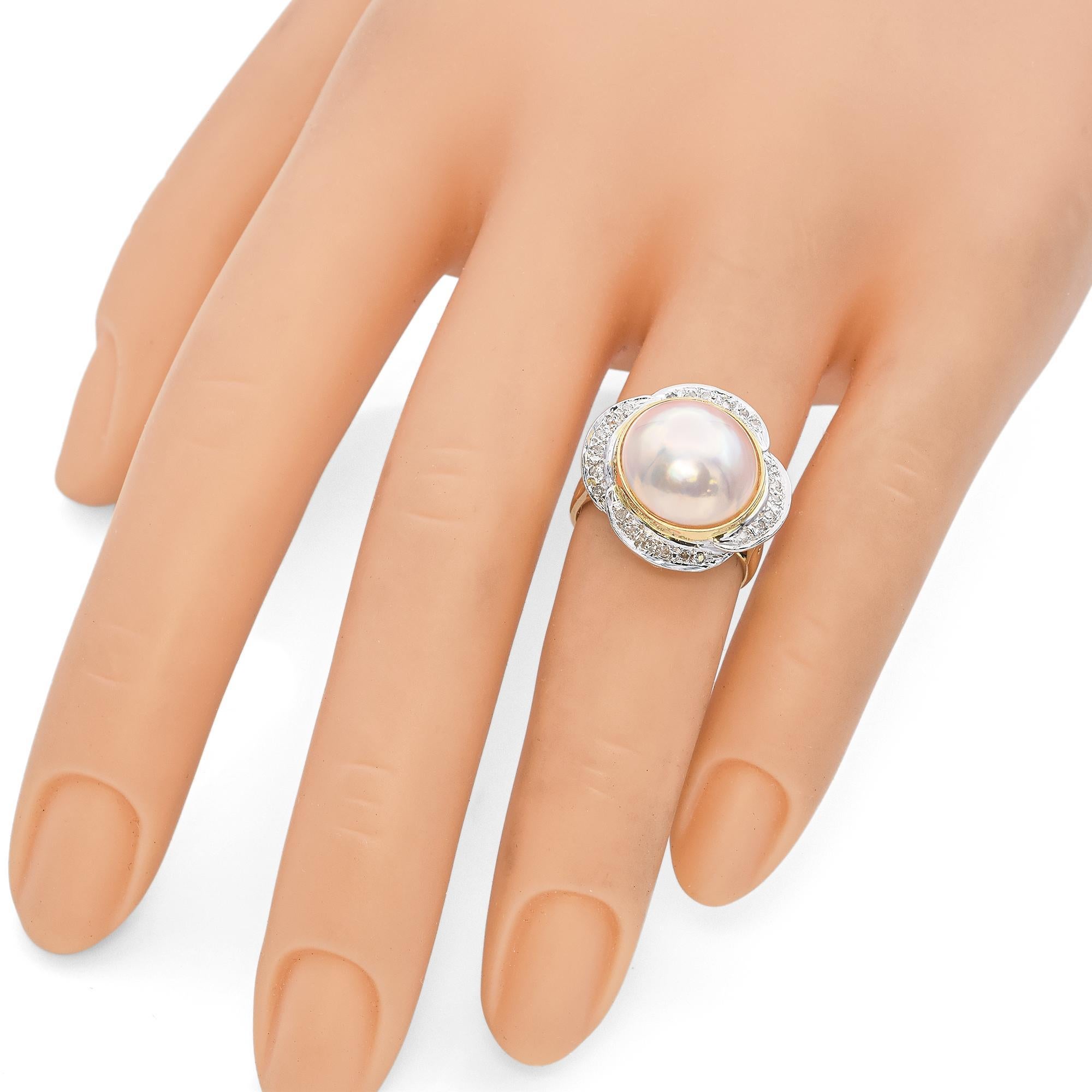 Vintage 14K Yellow Gold Mabe Pearl & Diamond Cocktail Ring 2