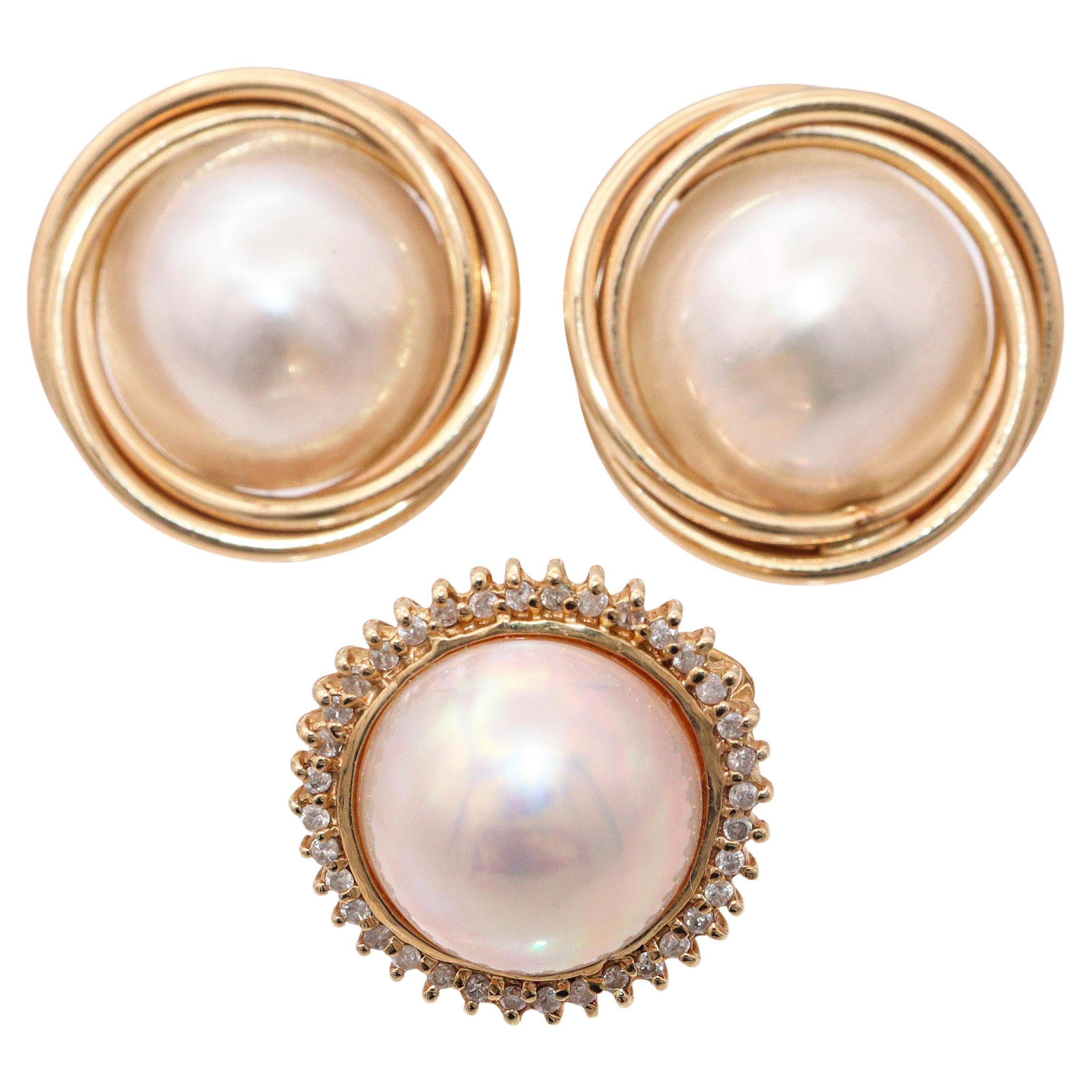 Vintage 14k Gelbgold Mabe Perlenschmuck Set