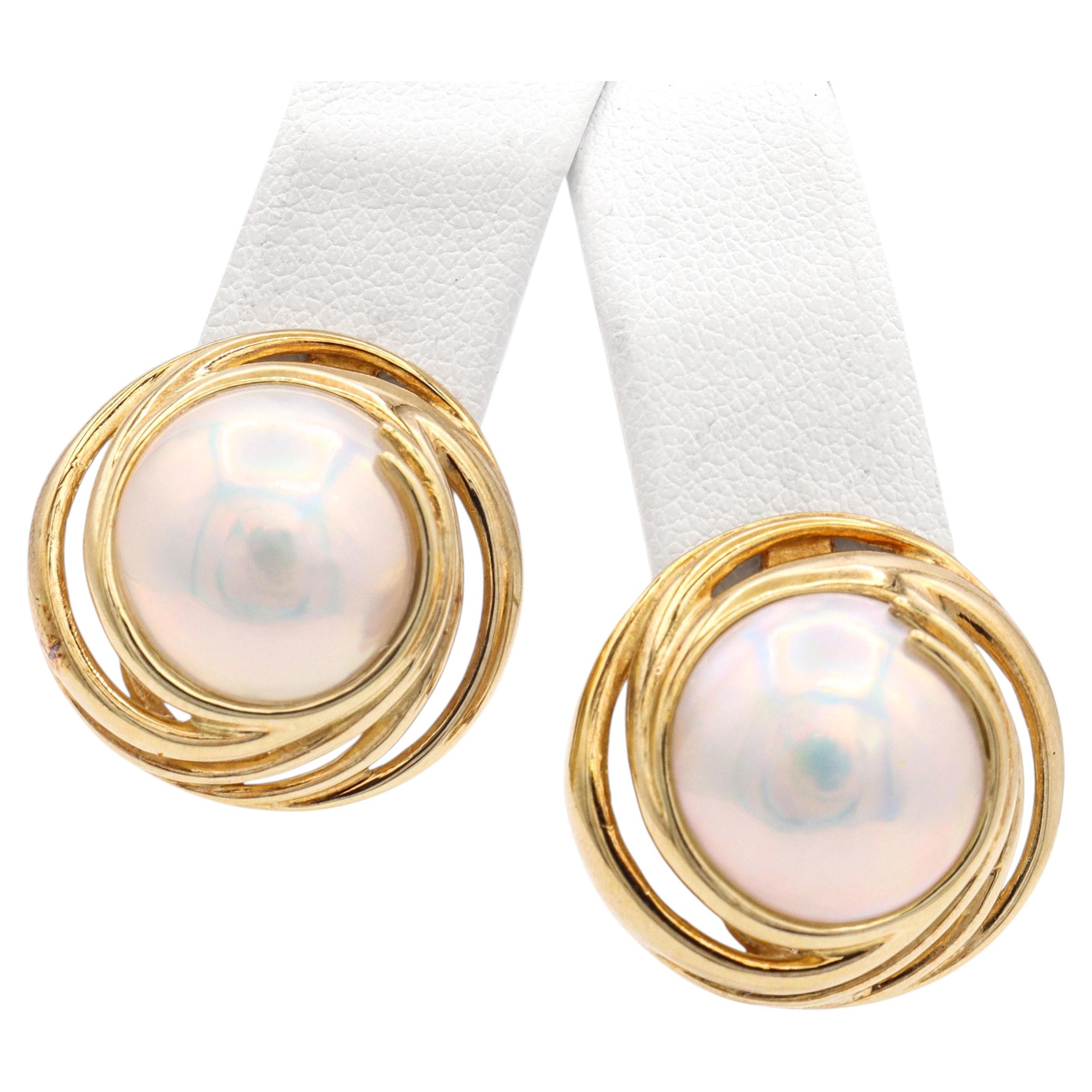 Vintage 14k Yellow Gold Mabe Pearl Omega Back Earrings