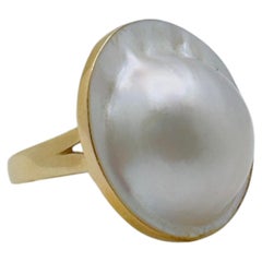 Vintage 14K Yellow Gold Mabe Pearl Ring, Bezel Set, 22.5mm