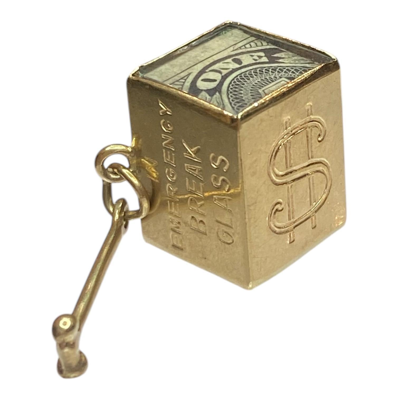 Women's or Men's Vintage 14K Yellow Gold Mad Money Box with Hammer 1 Dollar Pendant Charm