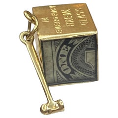 Vintage 14K Yellow Gold Mad Money Box with Hammer 1 Dollar Pendant Charm