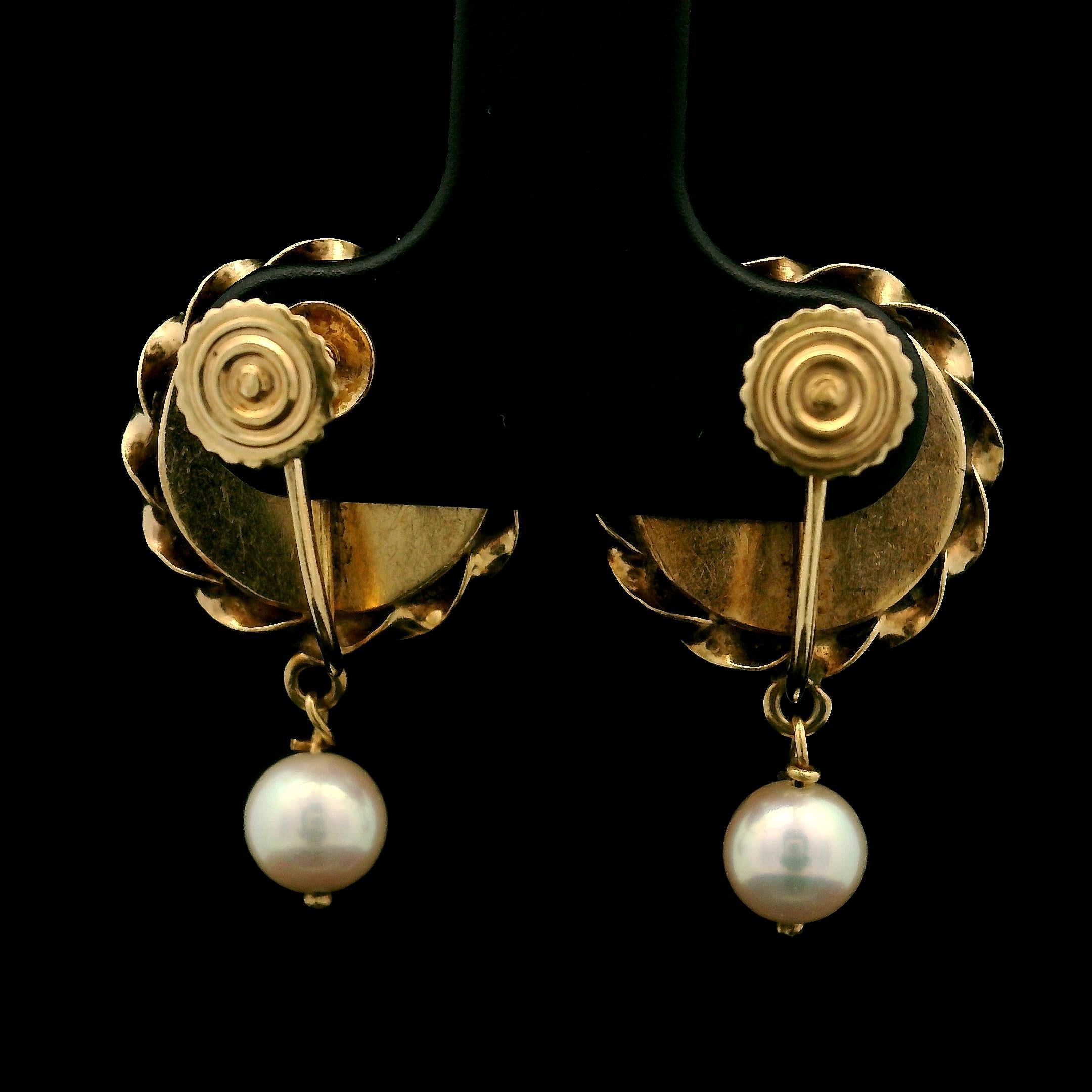 Women's Vintage 14k Yellow Gold Made & Cultured Pearl Dangle Drop Screw Back Earrings